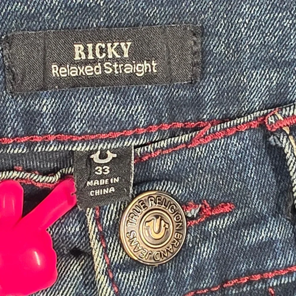 True Religion Jeans Mens 33 Ricky Relaxed‎ Straight Blue Big T Stitch SN Flap